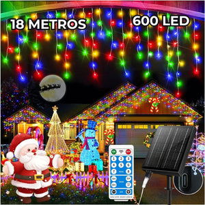 Luces Cortina Solar Multicolor 18m 600 LED con Control Remoto, 8 Modos, IP44 y Carga USB Tipo C