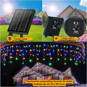 Luces Cortina Solar Multicolor 18m 600 LED con Control Remoto, 8 Modos, IP44 y Carga USB Tipo C